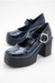 Women's High Platform Heeled Stylish Buckle Elastic Band Closed Toe Ballerina Navy Blue Patent Leather Loafer Shoes - 4