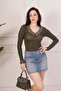 Lace Detailed V-Neck Long Sleeve Khaki Body Blouse