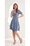 Women's Blue Floral Patterned Square Neck Watermelon Sleeve Mini Dress - 3