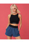 Women's Black Crop Top & Blue High-Waisted Shorts Set – Comfortable Fit Casual Summer Combination