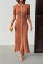 Women's Coffee Color Buttoned Summer Fabric Short Sleeve Polo Collar Long Knitwear Dress - 3