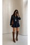 Women's Denim Suit with Collar Detail, Belt Detail, Pleated Mini Skirt - 4