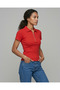 Women's Polo Neck Zipper Ribbed Camisole Flexible Short Sleeve Slim T-Shirt - 3