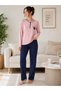 Wide Cut Women's Pajama Set %100 Cotton Light Pink Top Navy Blue Polka Dot Bottom Long Sleeve - 6