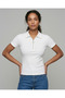 Women's Polo Neck Zippered Ribbed Camisole Short Sleeve Slim T-Shirt - 4