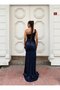 Women's Navy Blue Velvet Fabric One-Shoulder Slit Back Detail Lined Sequined Maxi Evening Dress - 4