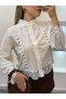 Women's White Design Motif Cotton Linen Shirt with Lace Pinterest Shirt