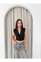 Padded Sleeveless V-Neck Draped Crop Blouse Lycra Fit - Black - 4