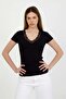 Women's Black V-Neck Ruched Ribbed Camisole Short Sleeve Blouse - H6071 - 3