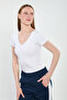 Women's front back v-neck short sleeve bodysuit - white - 2