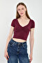 Women's ruched front v-neck bodysuit - burgundy - 2