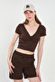 Women's Front Gathered V-Neck Bodysuit - Bitter Brown