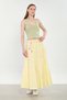 Women's belted pleated long cotton skirt - yellow