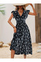 Women Short Sleeve Double Breasted Collar Elastic Waist Flower Print Dress - 5