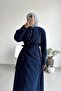 Women's Navy Blue Gold Button Detailed Wrap Hijab Dress Nms091 - 3