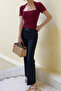 Women's Burgundy Swan Collar Slim Short Sleeve Fit Crop Blouse - 5