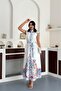 Women's White Stand-Up Collar Patterned Sleeveless Belted Full-Length Design Dress Dpms2571 - 2