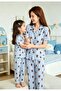 Mother & Daughter Matching Pajama Set Blue White Plaid Teddy Bear Pattern Milan Fabric Shirt Collar Short Sleeves (Sold Separately) Mother's Day - 5