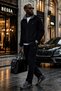 Black Stand-Up Collar Zipper Detail Tracksuit Set with Zipper Pockets Straight Leg Seasonal Jacquard Fabric for Men - 2