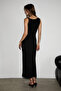 Bambina women's soft and stretchy fabric double-knot shoulder long black dress - 4