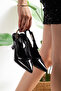 Women's Black Patent Leather Back Strap Pointed Toe Mid Heel Shoes 8cm