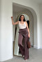 Satin Trousers with Scarf Detail and Elastic Waist - Brown - 4