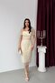 Beige Square Neck Balloon Sleeve Sequin Embroidered Midi Evening Dress