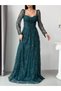 Emerald Heart Collar Corset Detailed Front Tie Lace Evening Dress - 6