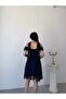 Navy Blue Shoulder Scarf Detailed Lace Fabric Short Evening Dress - 7