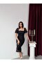 Black Square Neck Balloon Sleeve Sequin Embroidered Midi Evening Dress - 4