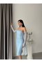 Baby Blue Stone Embroidered Lace Midi Evening Dress with Scarf and Gloves - 4