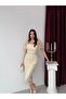 Beige Square Neck Balloon Sleeve Sequin Embroidered Midi Evening Dress - 3