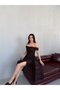 Brown Boat Neck Lace Evening Dress with Tail Detail - 4