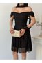 Black Shoulder Scarf Detailed Lace Fabric Short Evening Dress - 6