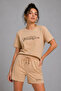 Women's Beige Cotton Sporty Short Sleeve Oversize T-Shirt and Shorts Bottom Top Set Two Piece Set