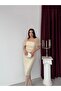 Beige Square Neck Balloon Sleeve Sequin Embroidered Midi Evening Dress - 2