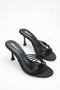 Women's Black Satin Gold Buckle Open Toe Heeled Slippers