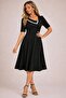 Women's Short Sleeve Asymmetrical Collar Detailed Midi Crepe Dress - 3