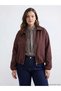 Brown Shirt Collar Oversize Women's Suede Look Jacket - 5