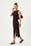 Women's Bengalin Sleeveless Draped Slit Woven Midi Brown Dress - 2
