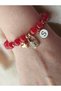 Red Agate Stone Letter, Zircon Lock Heart Charm Steel Bracelet - 3