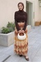 Chiffon Sandy Belted Draped Bitter Brown Marbled Pattern Dress