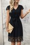 Women's Short Sleeve V-Neck Belted Lace Detailed Short Aerobin Dress - 2