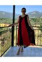 Women's Red Authentic Voile Cotton Ikirenk Strap V-collar Asymmetrical Maxi Dress - 2