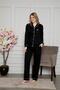 Women's Black and White Ribbed Shirt Collar Front Buttoned Pocket Long Sleeve Seasonal Cotton Pajama Suit - 5