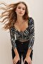 Women's Ecru Patterned Kiss Collar Princess Sleeve Soft Textured Crop Patterned Blouse ALC-X7319 - 5