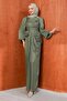 Khaki Front Draped Rose Detailed Evening Dress