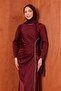 Burgundy Satin Evening Dress with Draped Front and Stones - 2