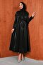 Black Elastic Waist Satin Belted Evening Dress