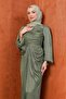 Khaki Front Draped Rose Detailed Evening Dress - 2